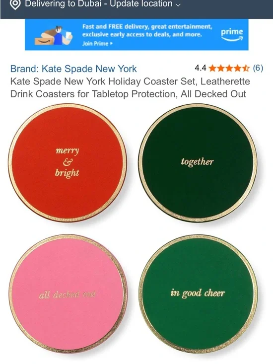 Kate Spade New York Holiday Leatherette Coaster Set - Red, Green, Pink, Gold - Picture 1 of 1